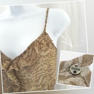 GUESS Sheer Animal Print Ruffl Breezy Strap Blouse
